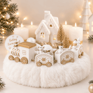 Fehér adventi asztaldísz – Karácsonyi kisvonat