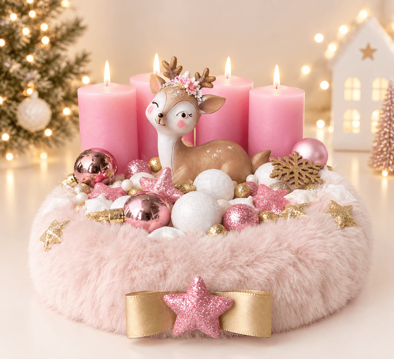 Púder rózsaszín adventi asztaldísz – Az ünnep őzikéje