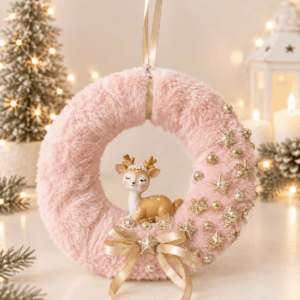 Púder rózsaszín adventi ajtódísz – Őzikés karácsonyi báj